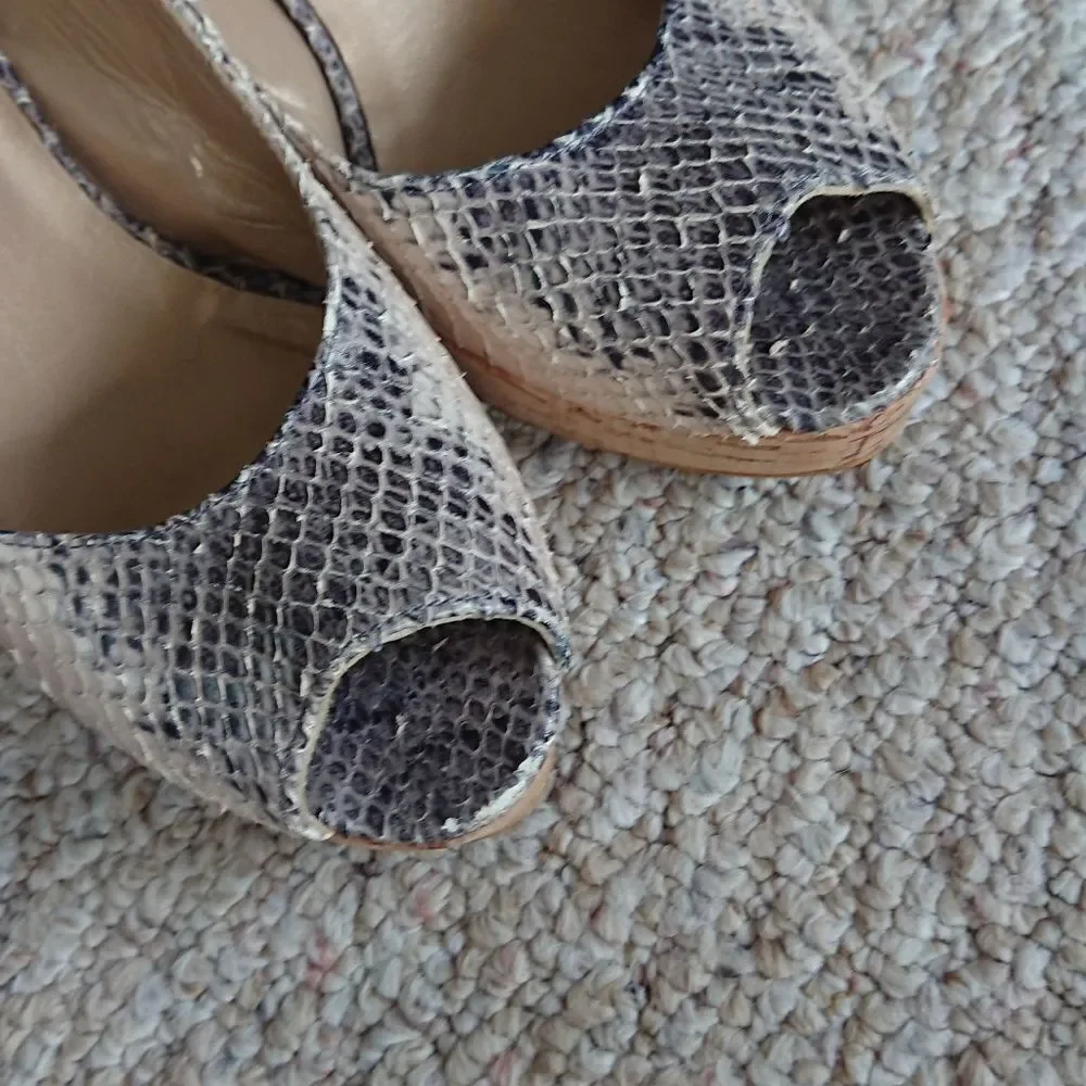 Stuart Weitzman Jean Snake-Embossed Leather Slingback Wedge Sandal Size 8M